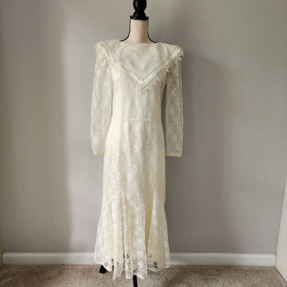 Vintage 80s Jessica McClintock Lace Ivory Wedding Dress Size 8 - Picture 2 of 12